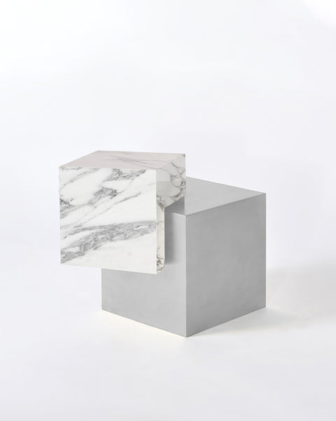 Stainless steel cube base, white Carrara marble cube top side table.