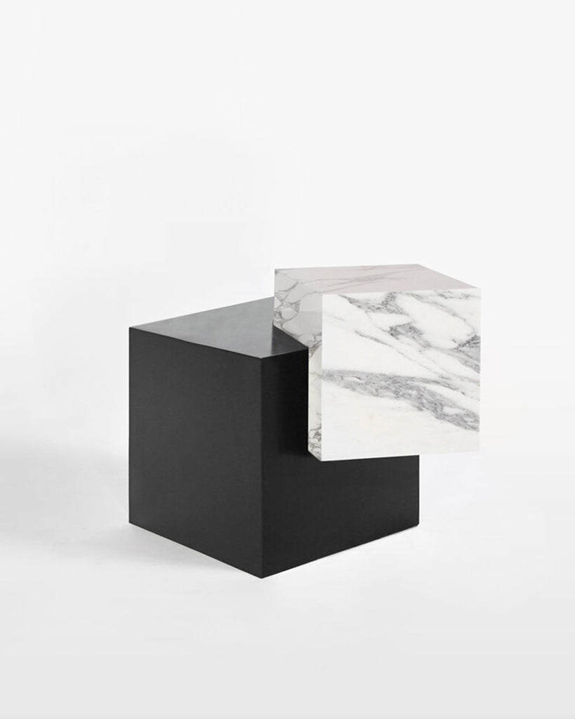 Blackened steel cube base, white carrara marble cube top side table.