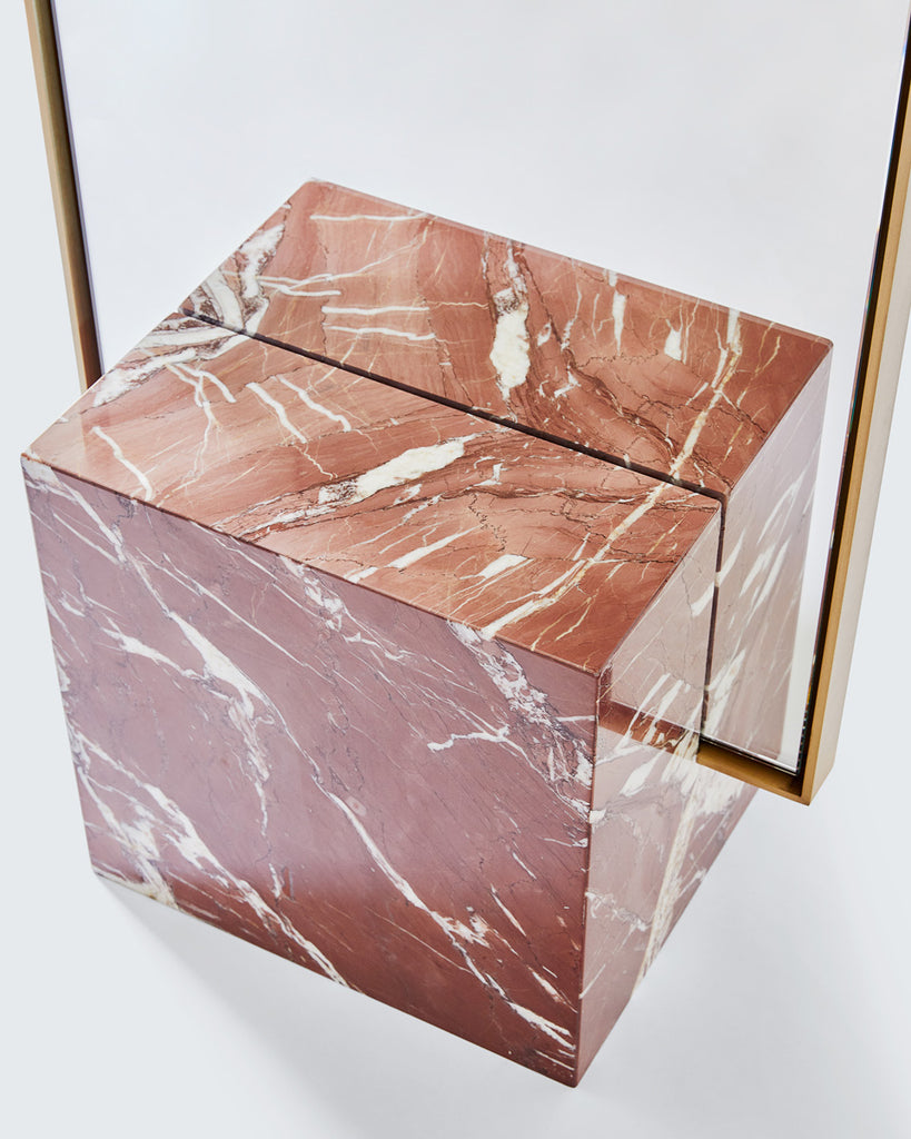 Cube base detail image of standing mirror with red jasper marble base and brass mirror frame