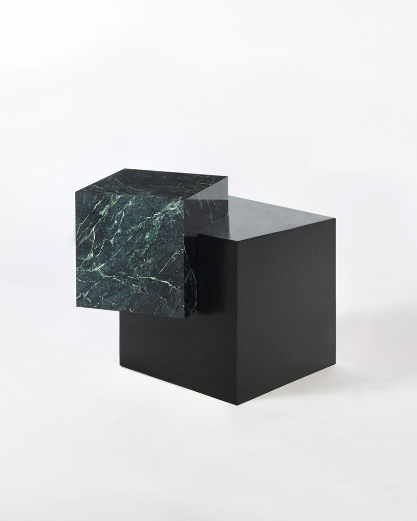 Blackened steel cube base, green empress marble cube top side table. 