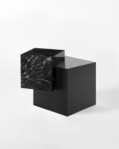 Blackened steel cube base, black nero marquina marble cube top side table.