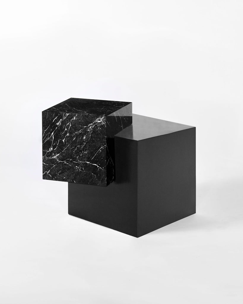 Blackened steel cube base, black nero marquina marble cube top side table.