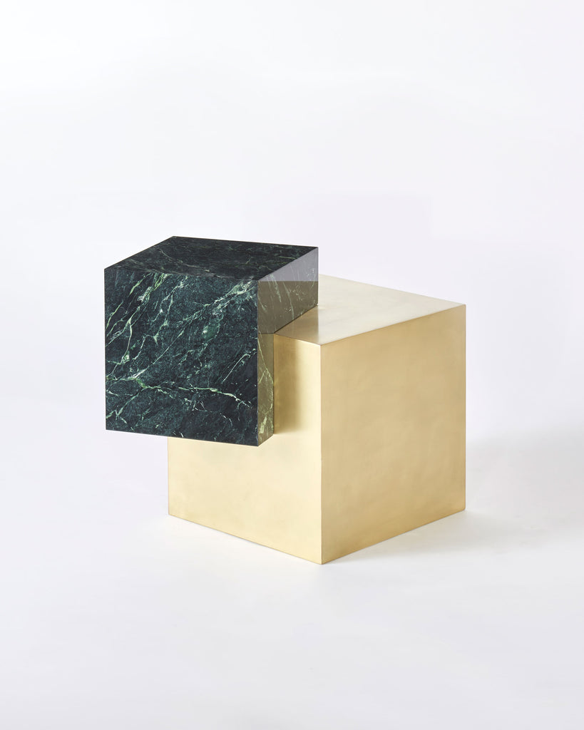 Brass cube base, green empress marble cube top side table.