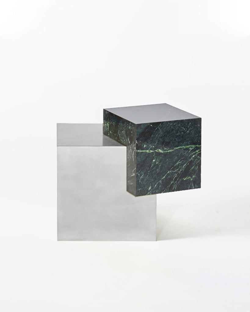 Stainless steel cube base, green empress marble cube top side table. 