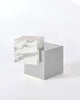 Stainless steel cube base, white Carrara marble cube top side table. 