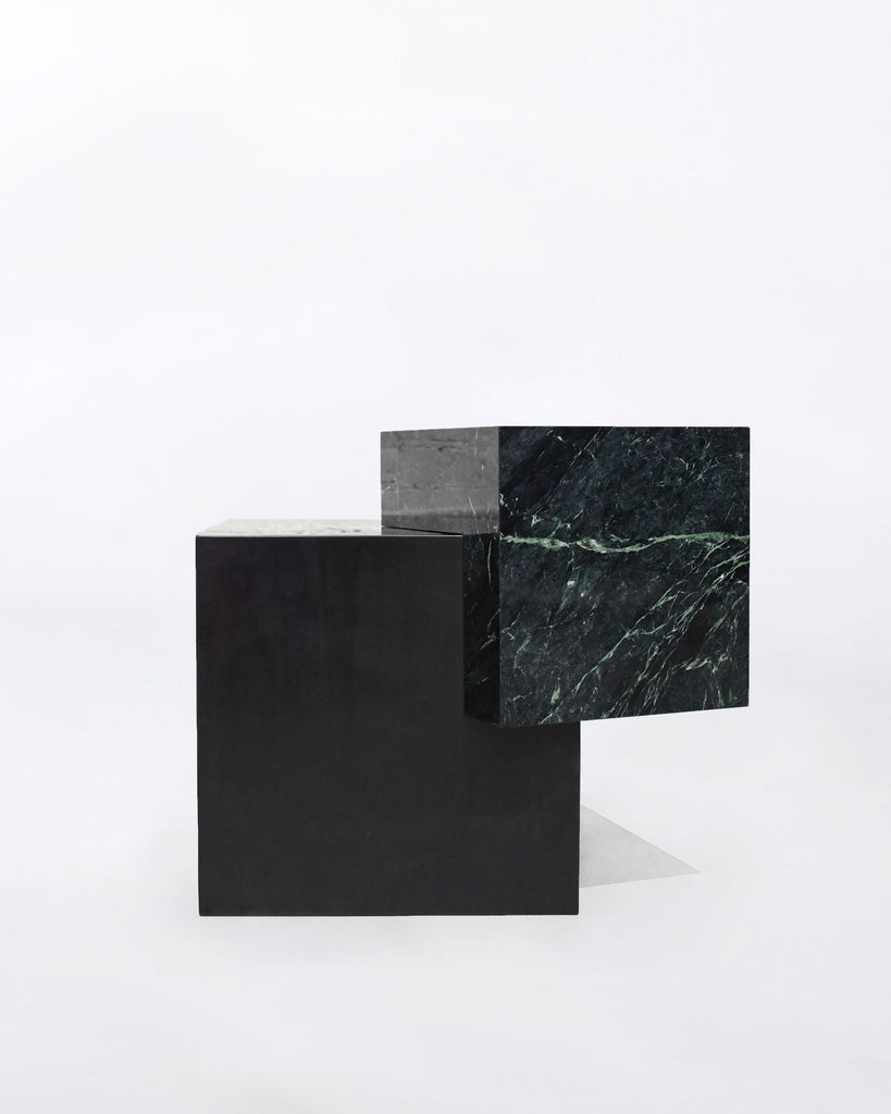 Blackened steel cube base, green empress marble cube top side table.