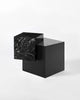 Blackened steel cube base, black nero marquina marble cube top side table. 