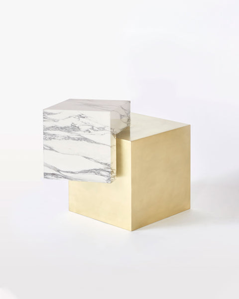 Brass cube base, white Carrara marble cube top side table. 