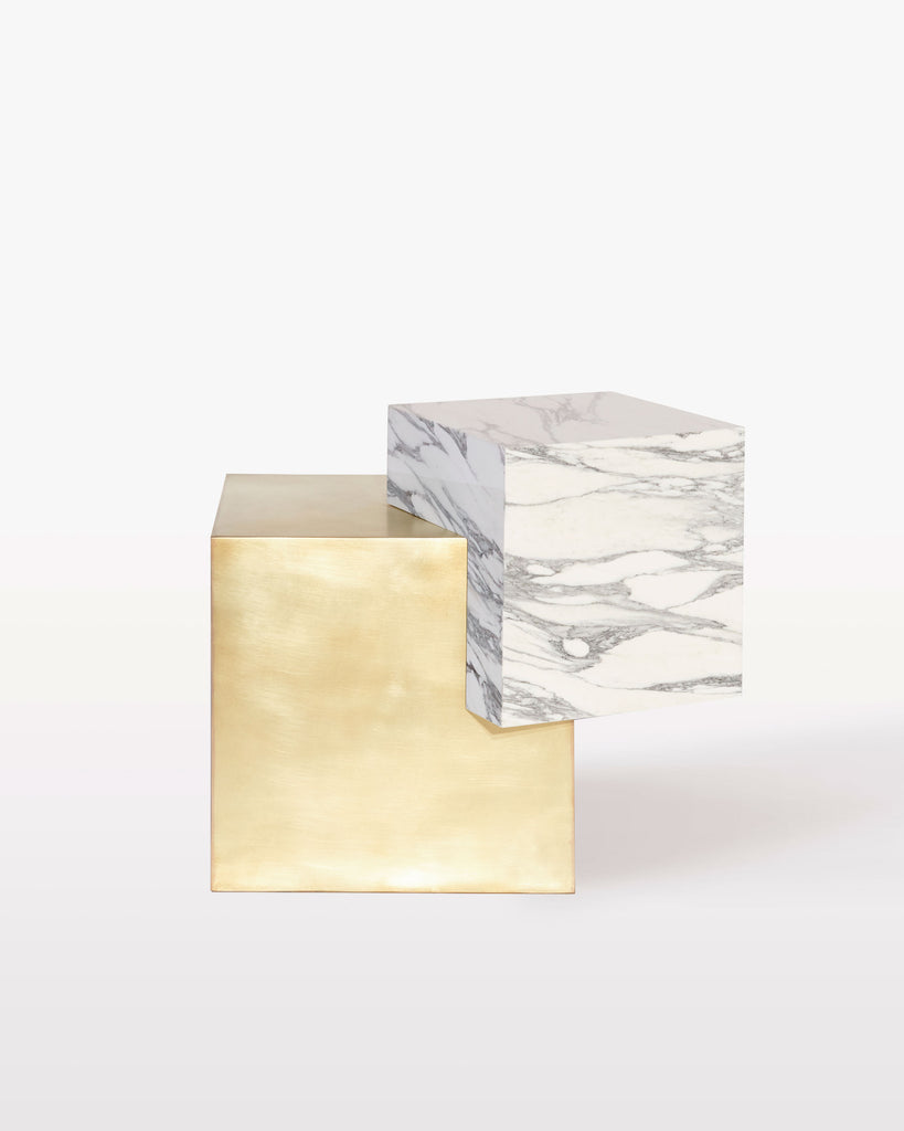 Brass cube base, white Carrara marble cube top side table. 