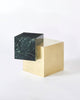 Brass cube base, green empress marble cube top side table. 