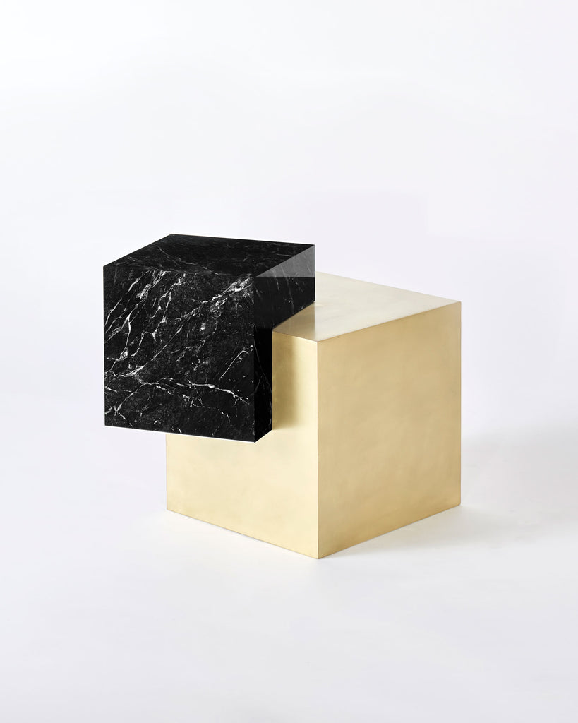 Brass cube base, black nero marquina marble cube top side table. 